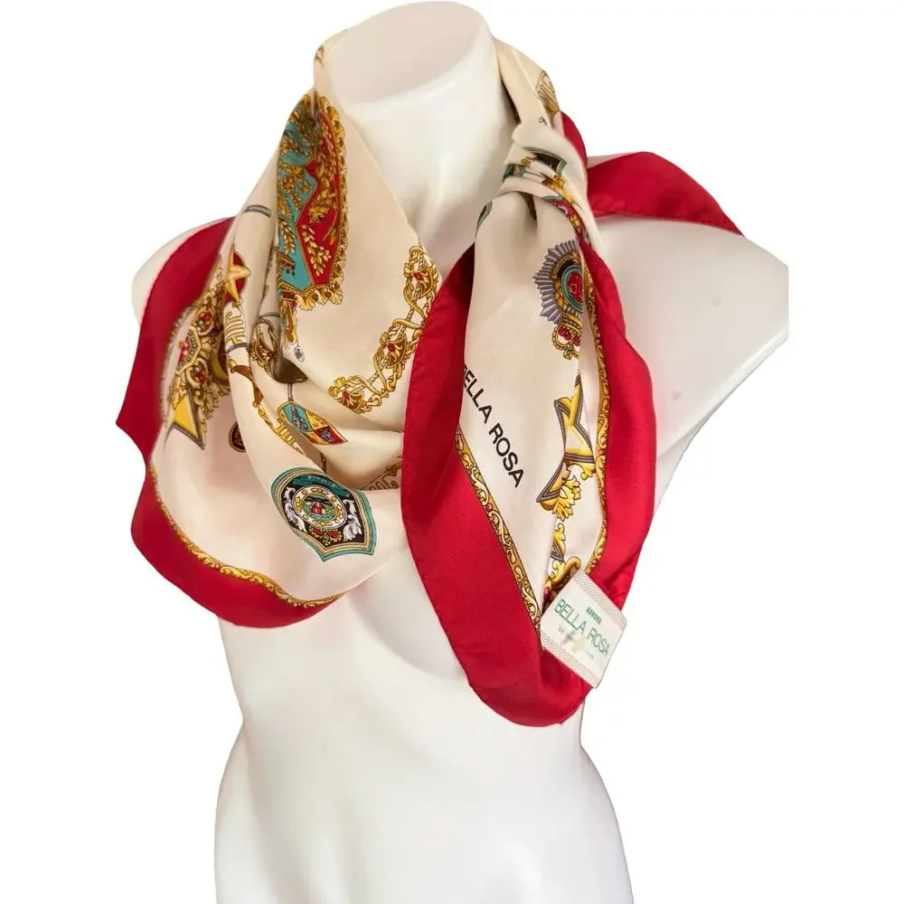 Vintage 1980s Bella Rosa Silk Scarf  Ivory Gold Medal Crest 35” Baroque Heraldic